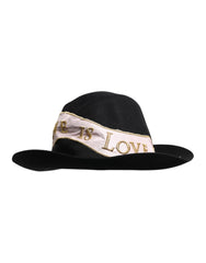 Black Logo Embroidered Women Wide Brim Hat Rabbit Viscose Cotton