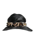 Women's Black Straw Crystal Embellished Wide Brim Hat Cotton Elastane