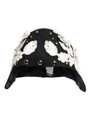 Women's Black Wool White Floral Gold Leaf Cloche Hat