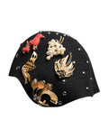 Women's Black Wool Multicolor Embellished Cloche Hat