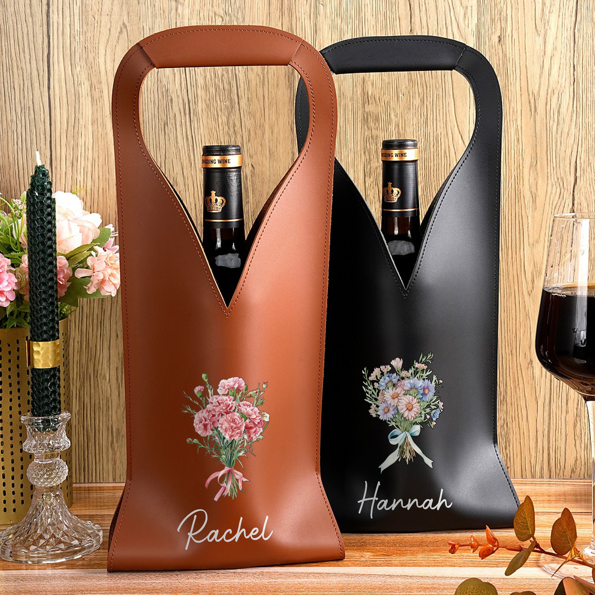 Acuarela Personalizada Nacimiento Flor Bouque PU Cuero Protector Vino Bolsa con Nombre Día de la Madre Cumpleaños Regalo para Mamá Amantes del Vino