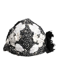 Women's Black Wool White Floral Embellished Cloche Hat And