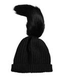 Women's Ribbed-Knit Fur-Trimmed Beanie Black Acrylic Alpaca Wool