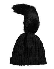 Women's Ribbed-Knit Fur-Trimmed Beanie Black Acrylic Alpaca Wool