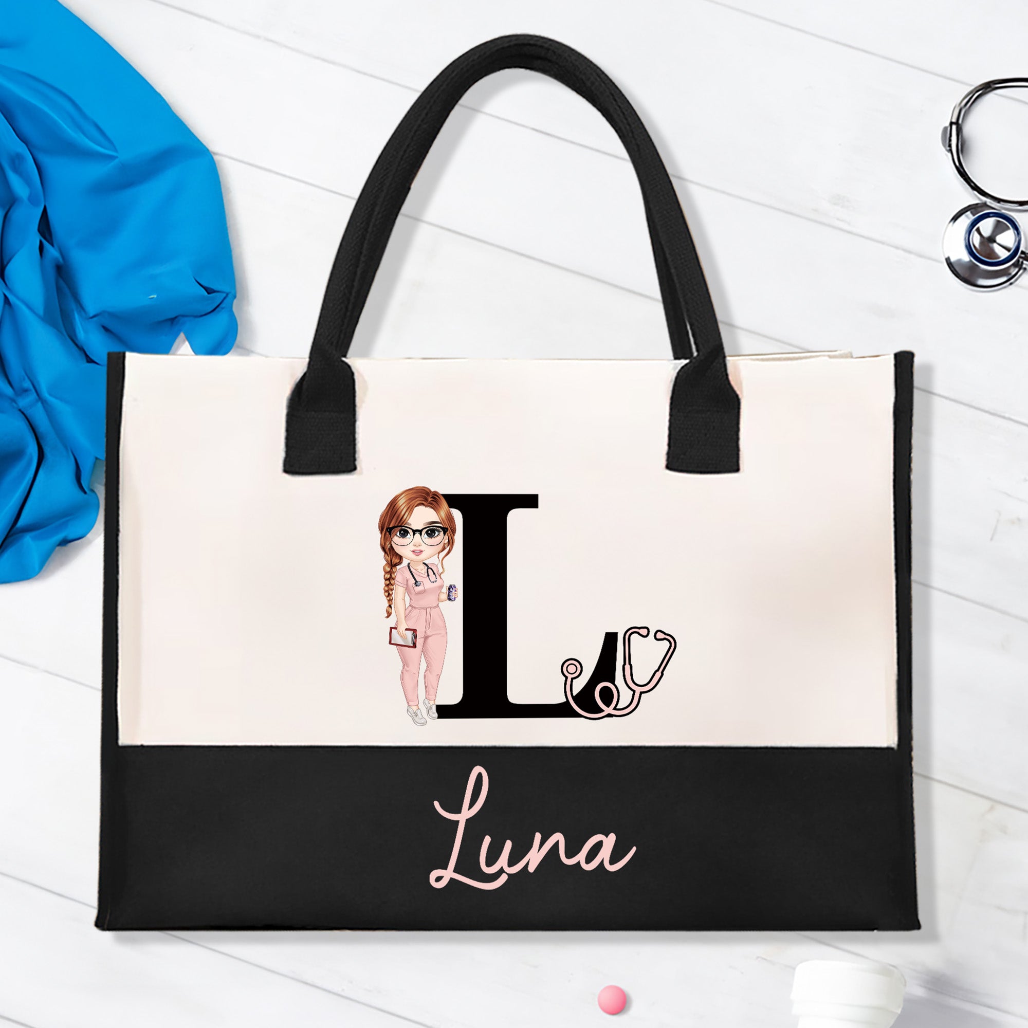 Estetoscopio personalizado de dibujos animados de gran capacidad Bolsa de lona con nombre Cumpleaños Agradecimiento Regalo para la enfermera médico
