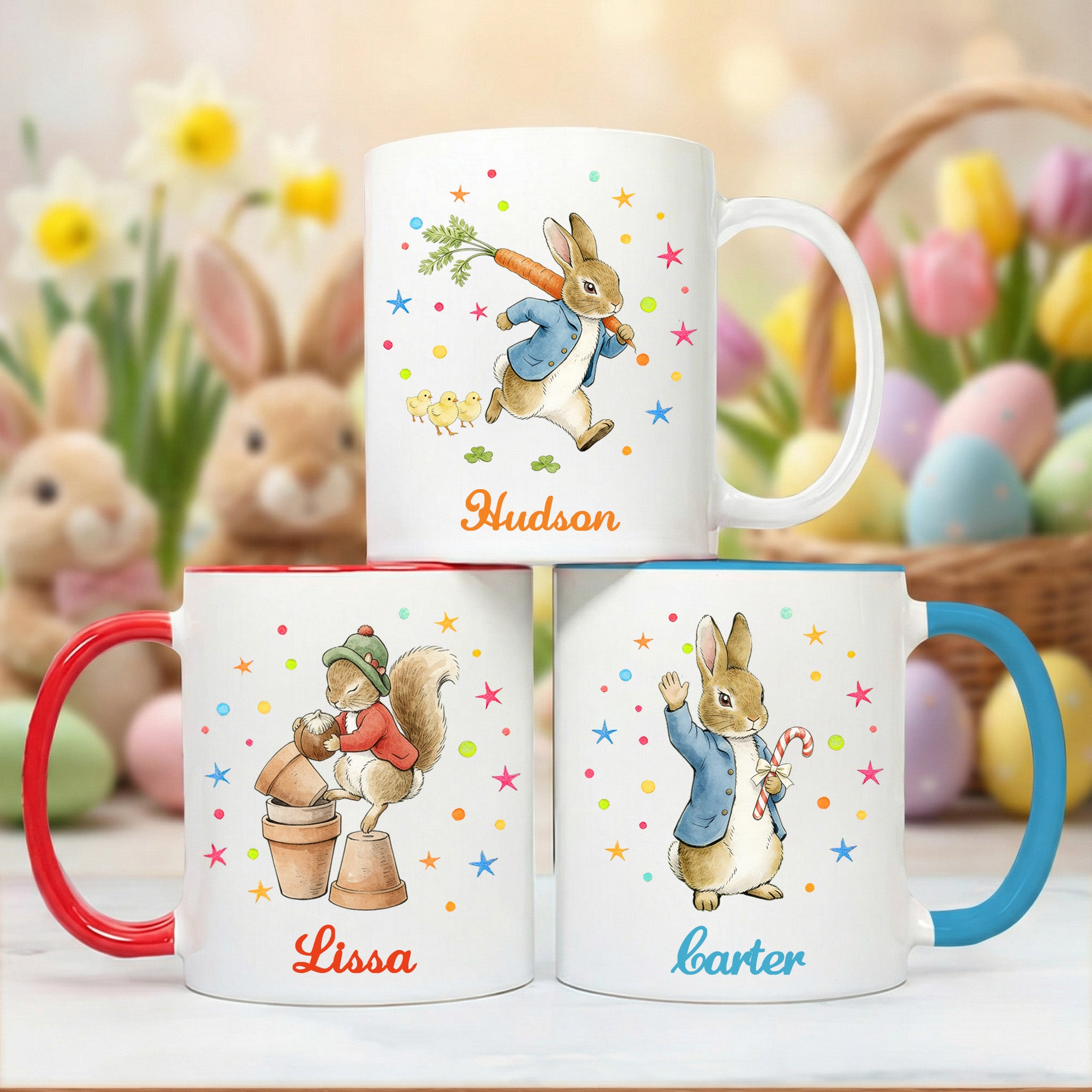 Taza de Cerámica Personalizada Peter Rabbit Duck Sheep Multicolor 11/15 oz con Nombre y Posavasos Regalo de Cumpleaños de Pascua para Niños