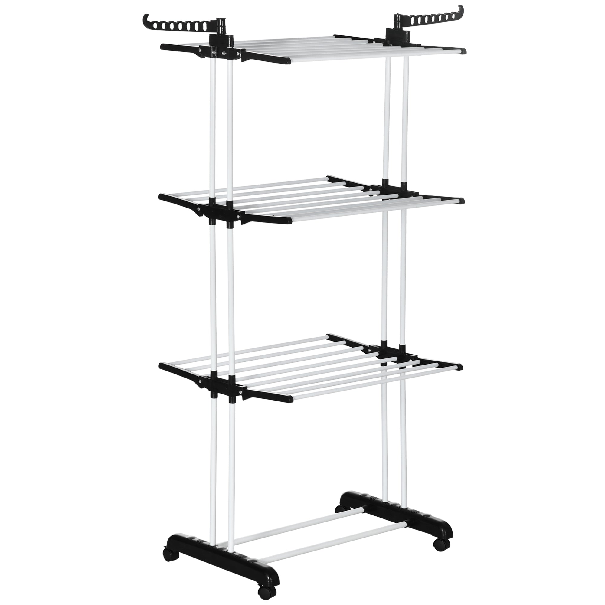 4-Tier Steel Laundry Racks for Drying Clothes with 2 Side Wings and 4 Castors, Black