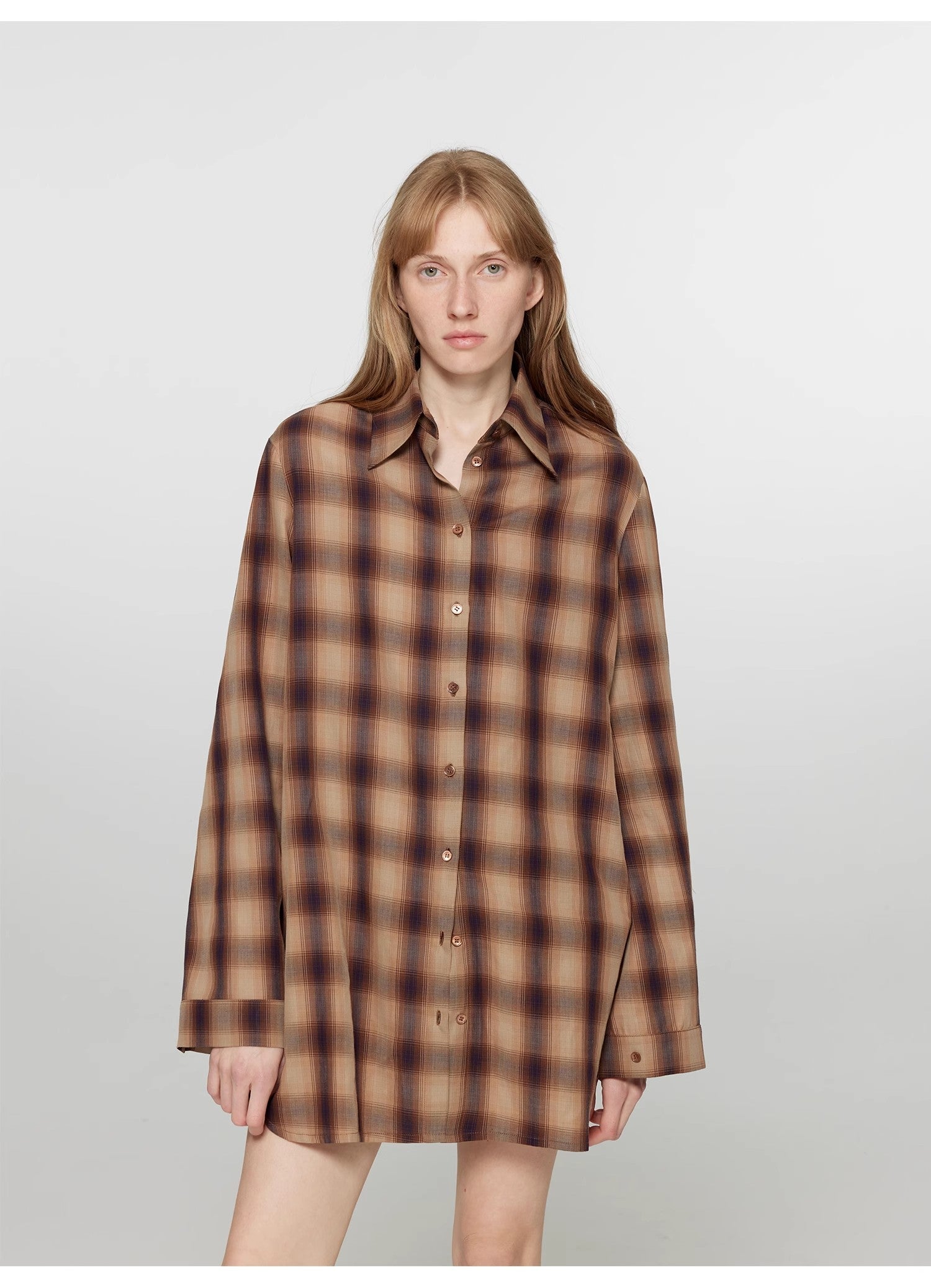 Tea Grid high-quality high-count cotton loose retro plaid shirt