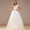 Bridal Wedding Dress Ivory Cap Sleeve Long V-Neck Ball-Gown Princess