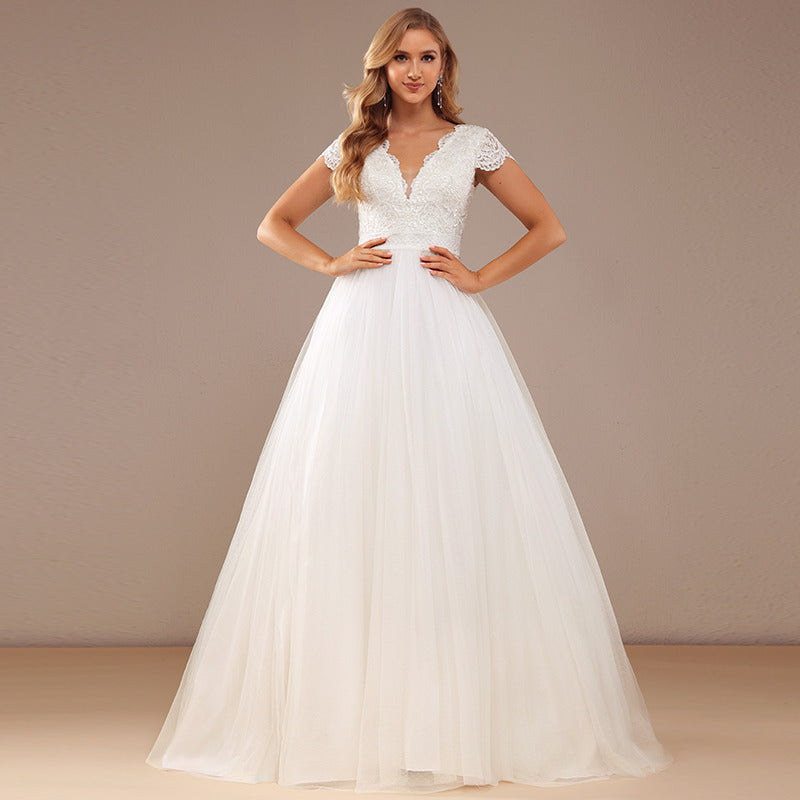 Bridal Wedding Dress Ivory Cap Sleeve Long V-Neck Ball-Gown Princess