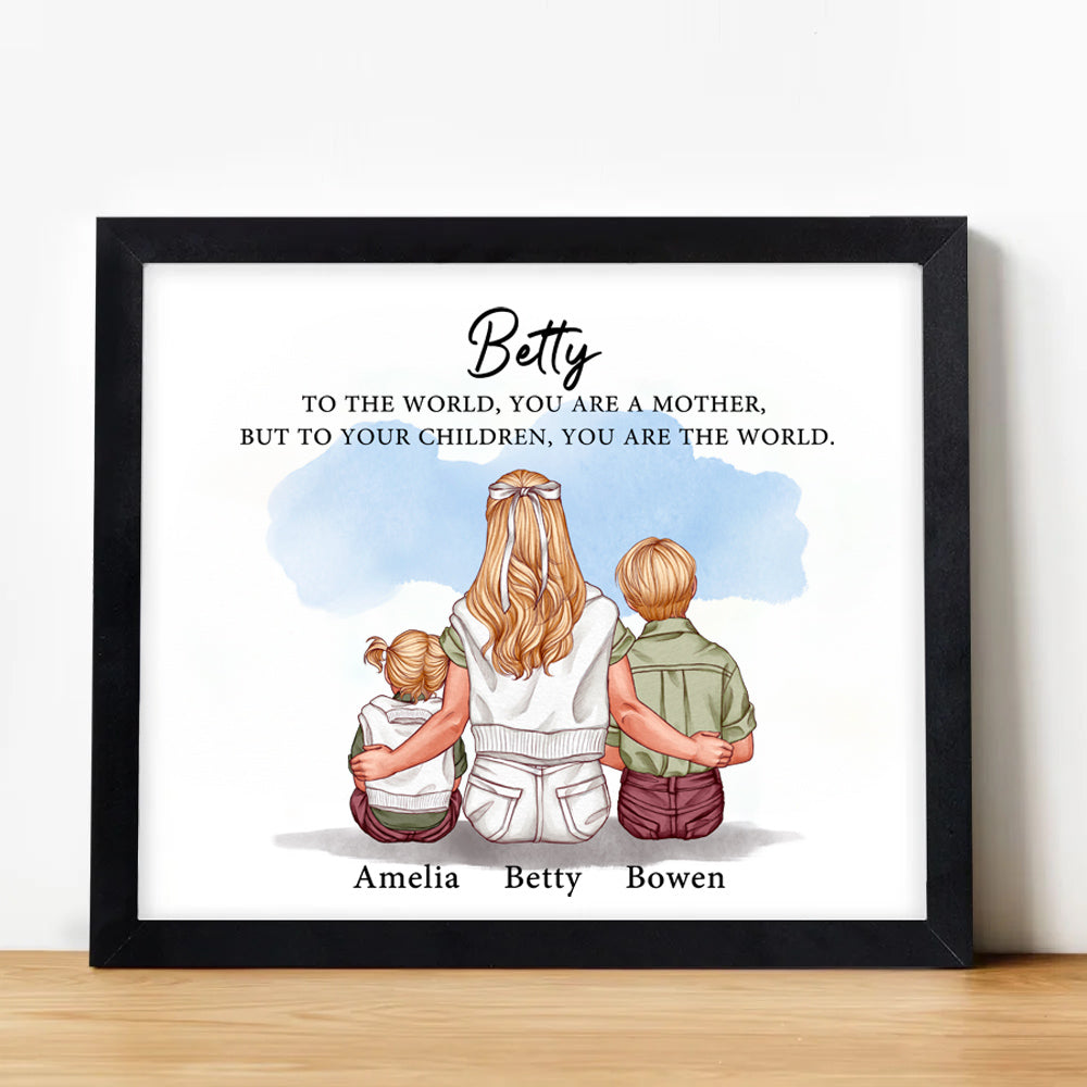 Personalizada Madre y 1-3 Niños Personaje de dibujos animados Archivo Electrónico Papel Enmarcado Pintura con Nombres Decoración del Hogar Día de la Madre Cumpleaños Regalo para Mamá