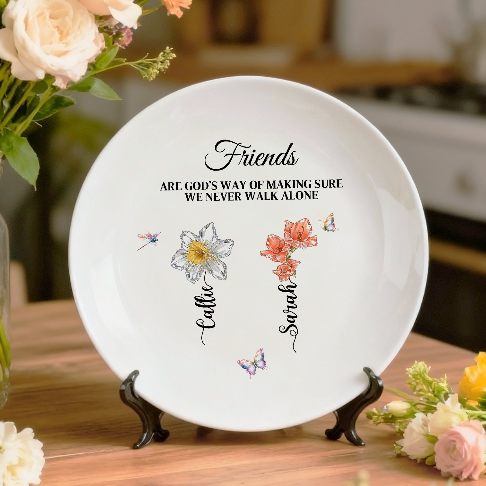 Plato decorativo de cerámica personalizado con nombres y texto Flor de nacimiento de cristal Uso diario Regalo de cumpleaños para amigos de la familia