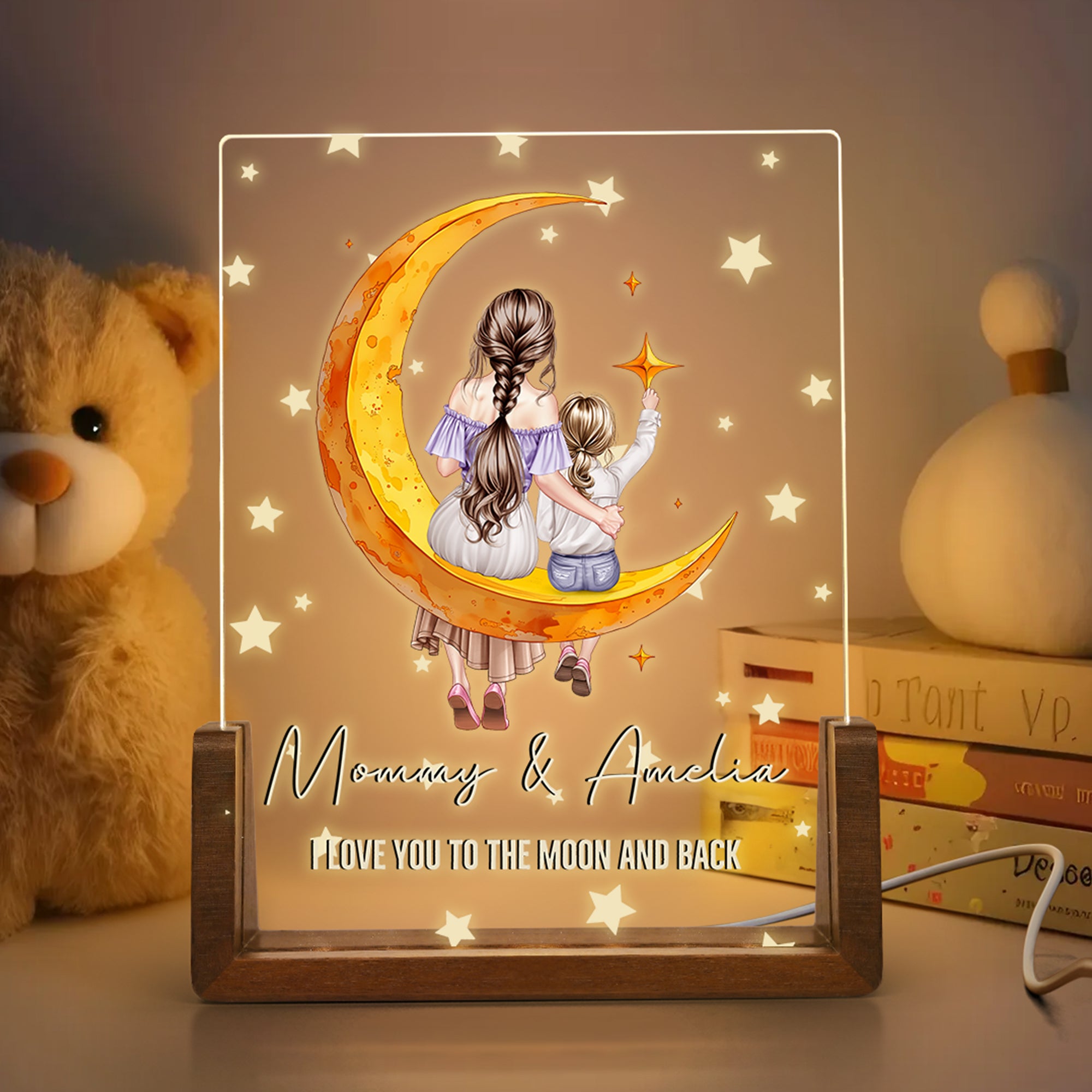 Personalizada Luna Estrella Mamá Niño Vista Posterior Dibujos animados LED Luz de Noche con Base de Madera Nombre y Texto Día de la Madre Cumpleaños Regalo para Madre Niños