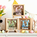 Hucha de madera personalizada con nombre e inicial de conejito Tractor de orejas Regalo de fiesta de Pascua para niños Niñas