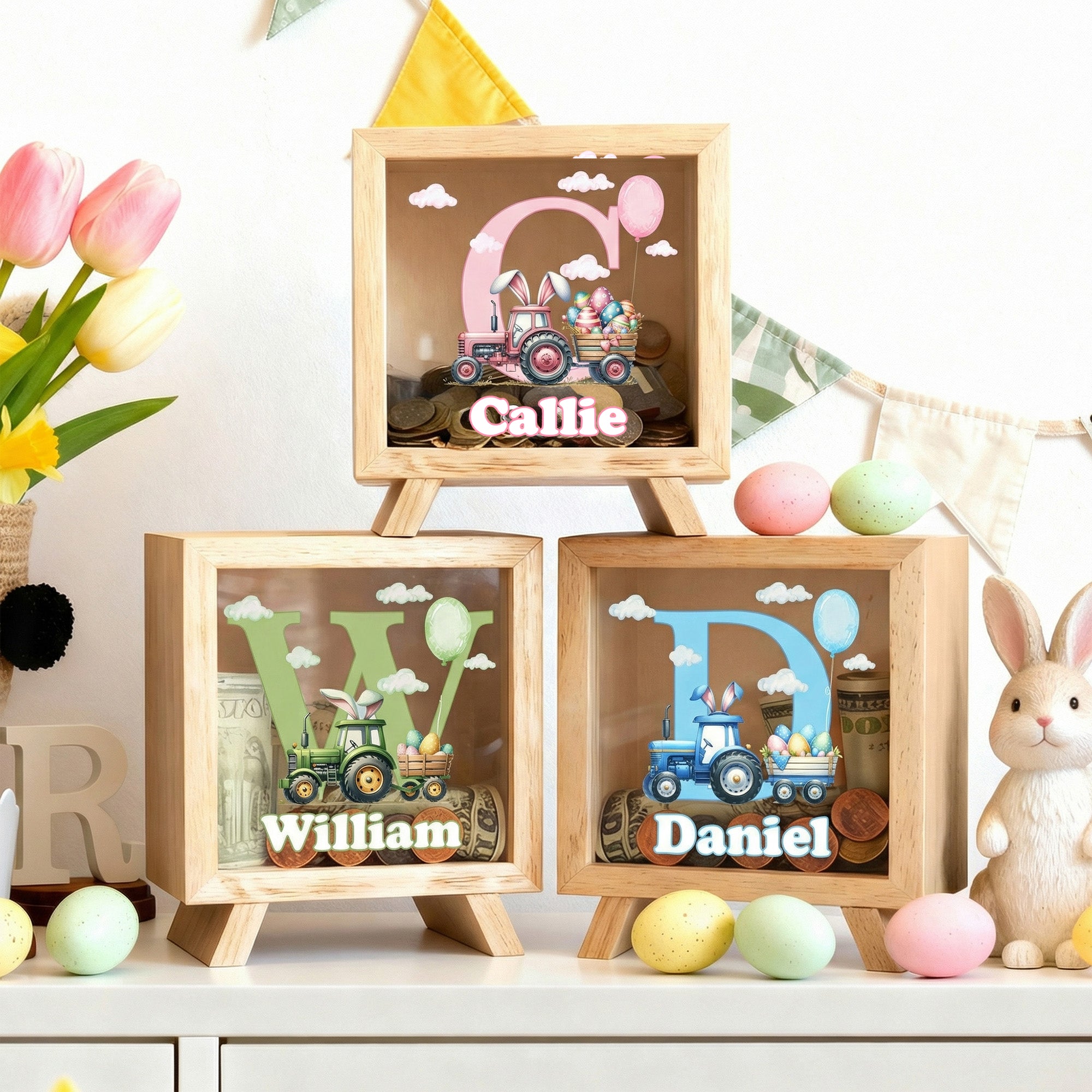 Hucha de madera personalizada con nombre e inicial de conejito Tractor de orejas Regalo de fiesta de Pascua para niños Niñas