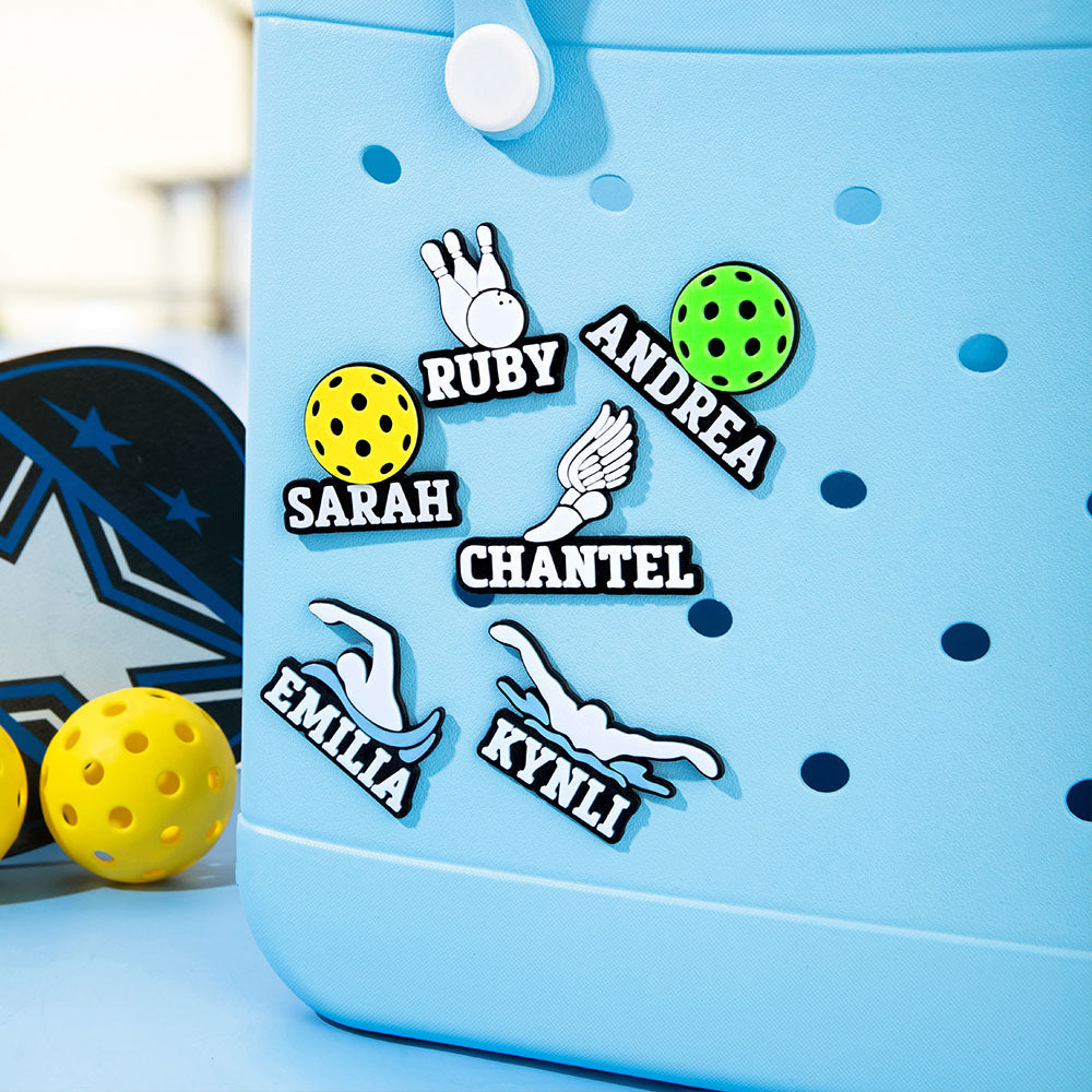 Personalizado 3D impreso de natación bolsa de bolos encanto botón con el nombre de accesorios para el juego Bogg equipo de regalo de cumpleaños para los amantes del deporte