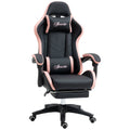 Computer Gaming Chair, PU Leather Office Desk Chair with Footrest, Swivel Wheels, 135° Reclining Back, Black and Pink