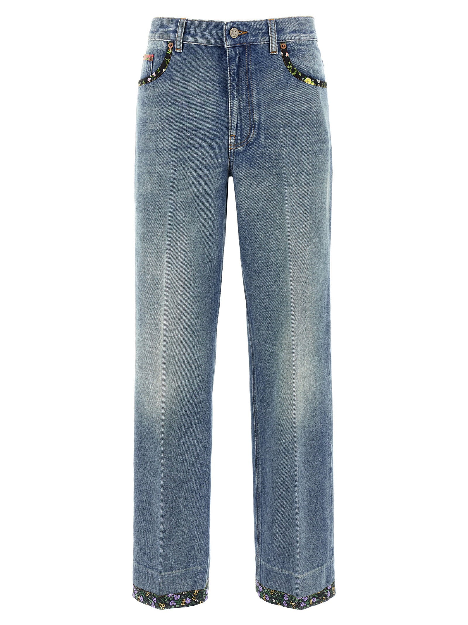 Valentino Garavani Floral-Trimmed Denim Jeans — Blue