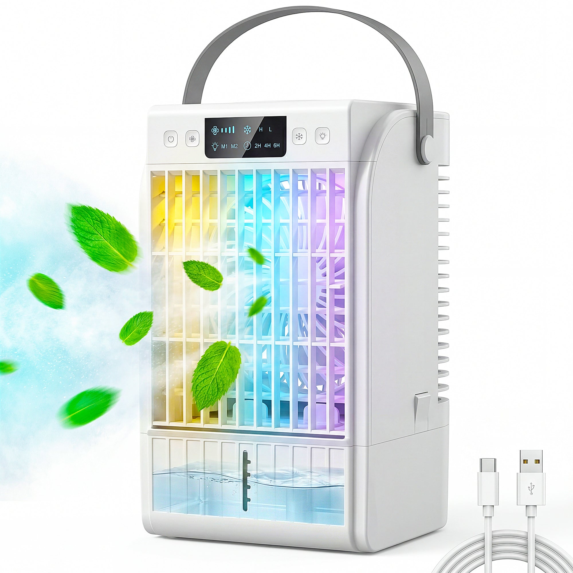 6.7" Desk Fan with RGB Light, Misting Humidifier, 4-Speed Fan, 0.4 gal White