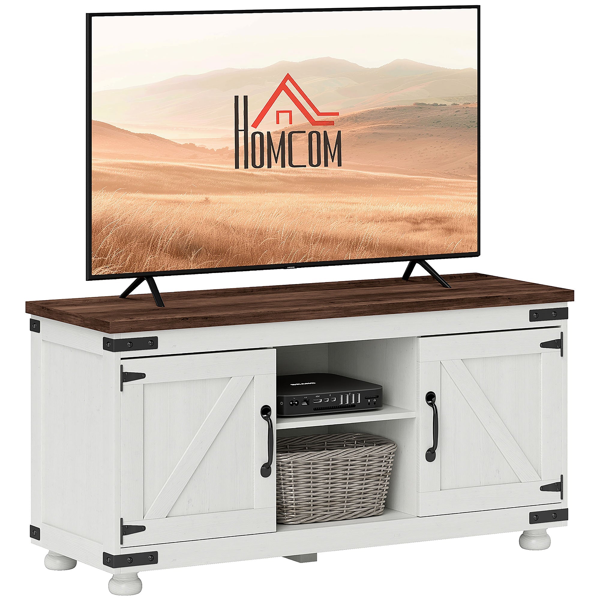 Farmhouse TV Stand for 50" TV with 2 Adjustable Shelves & Cable Holes, Distressed White