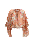 Zimmermann Ruffled Floral Cotton-Silk Blouse — Orange
