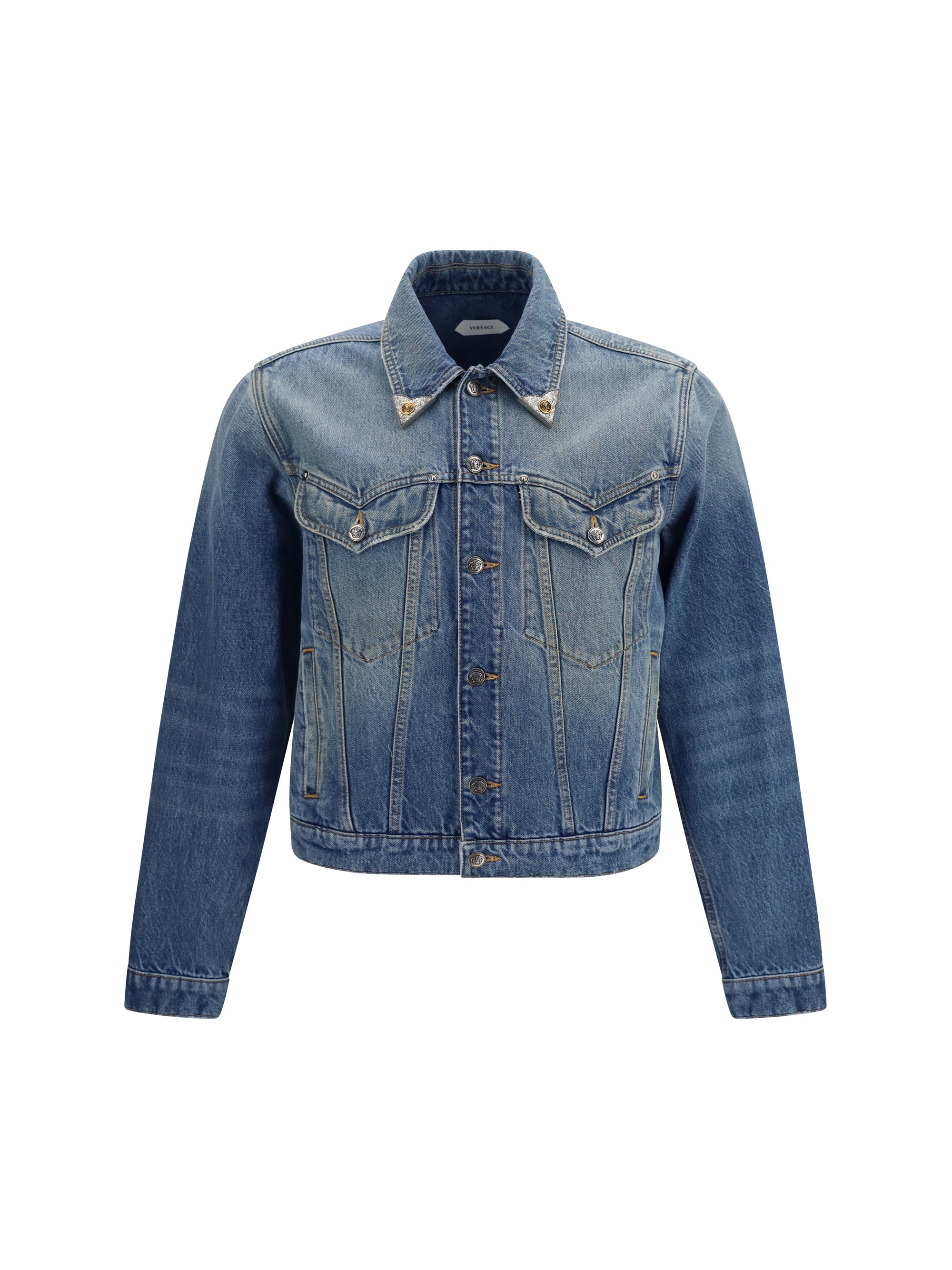 Versace Stonewashed Denim with Medusa-Logo Collar Tips Jacket — Blue