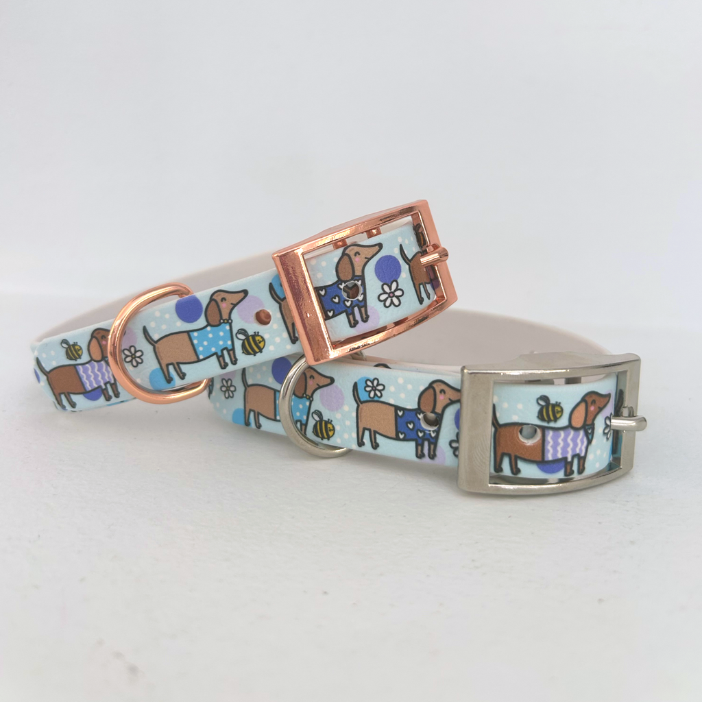 Bee Happy Dachshunds Blue Handmade Dog Collar