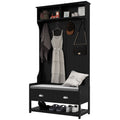3-in-1 Hall Tree, Entryway Bench w/ Coat Rack, 2 Drawers, 4 Hooks & Padded Seat, Black