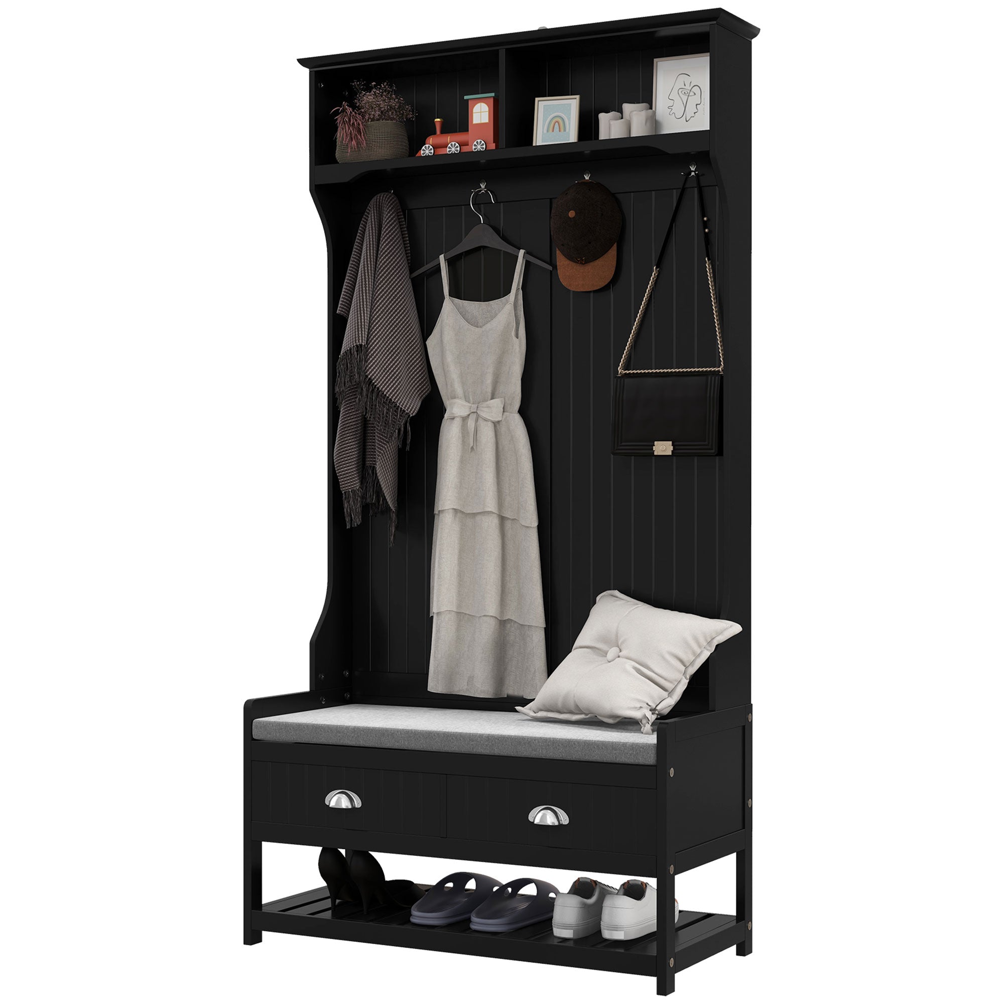 3-in-1 Hall Tree, Entryway Bench w/ Coat Rack, 2 Drawers, 4 Hooks & Padded Seat, Black