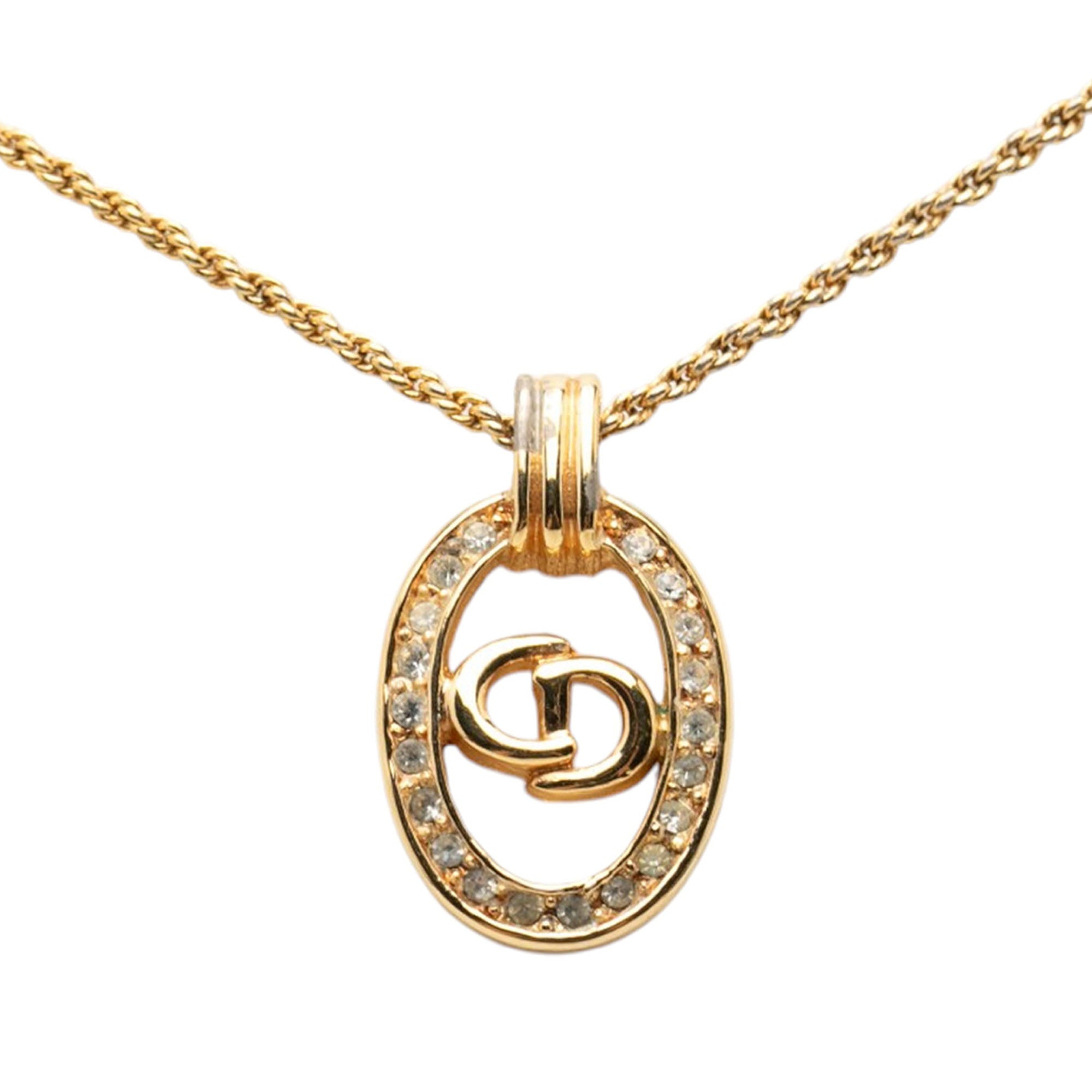 Gold Plated Strass CD Logo Oval Pendant Necklace