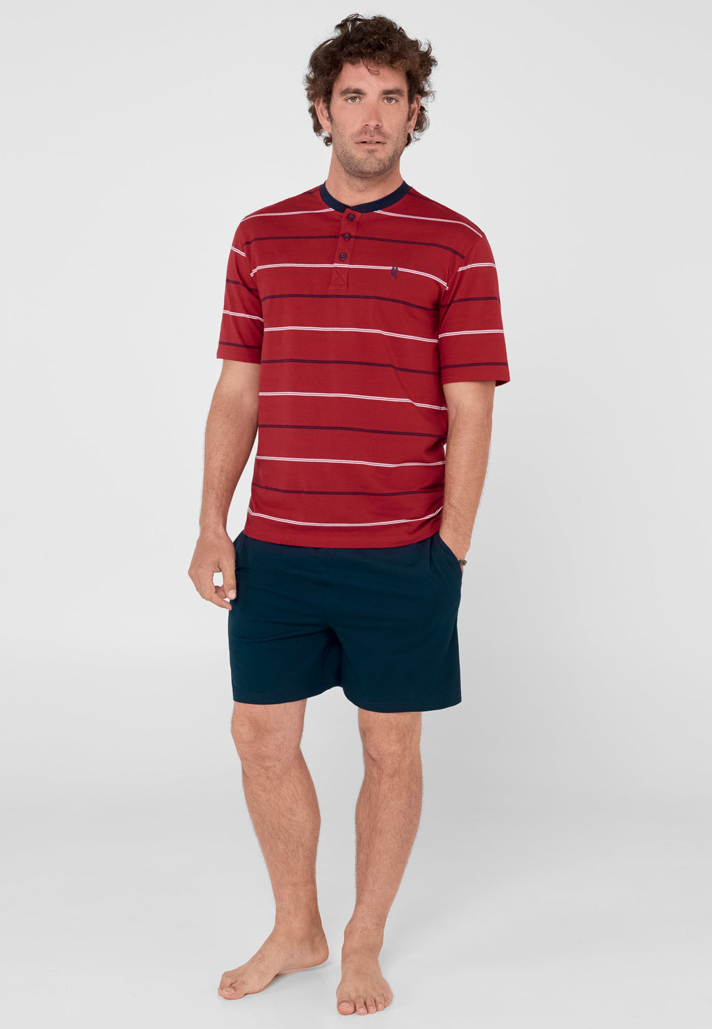 Pijama Hombre Verano Corto Tapeta Algodón Punto Rayas - Rojo 3562_94