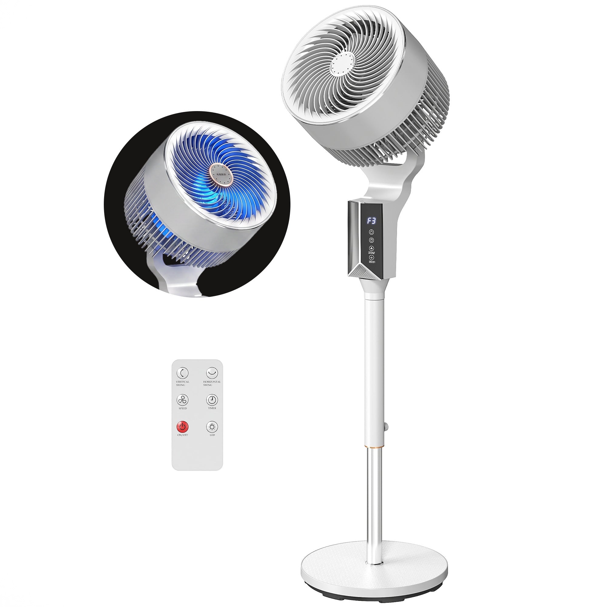 46" Pedestal Fan, 20 dB Quiet with 8 Speeds, Remote & 12H Timer, White