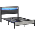 Full Bed Frame with Upholstered Headboard LED Lights Charging Station Cement Gray