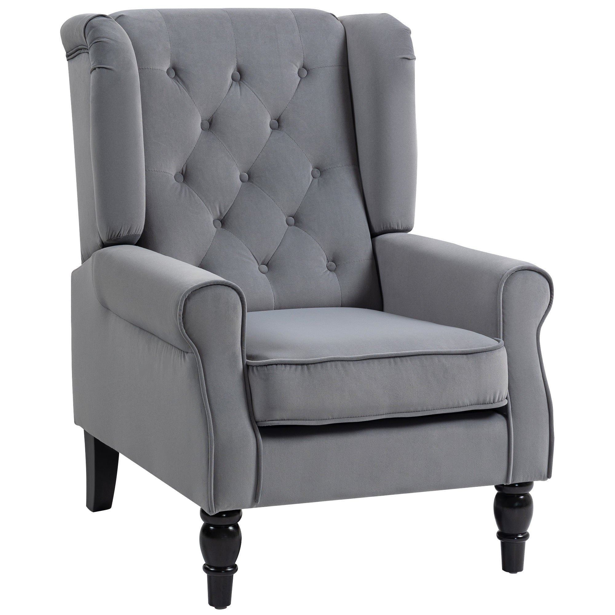 Mid Century Arm Chair for Living Room, Velvet Wingback Armchair with Wood Frame Button Tufted Design, Light Grey
