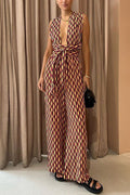 Chic Back Criss Cross Knot Waist Wide Leg Printed Jumpsuit