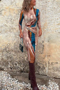 Mockneck Long Sleeve Slit Printed Bodycon Dress