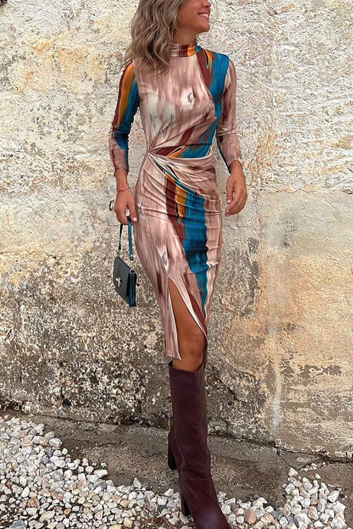 Mockneck Long Sleeve Slit Printed Bodycon Dress