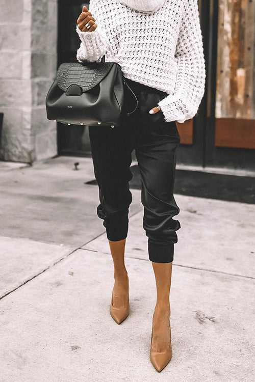 High Waist Pocketed Satin Joggers