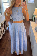 Lace Hollow Out Sleeveless Crop Top High Waist Maxi Skirt Set