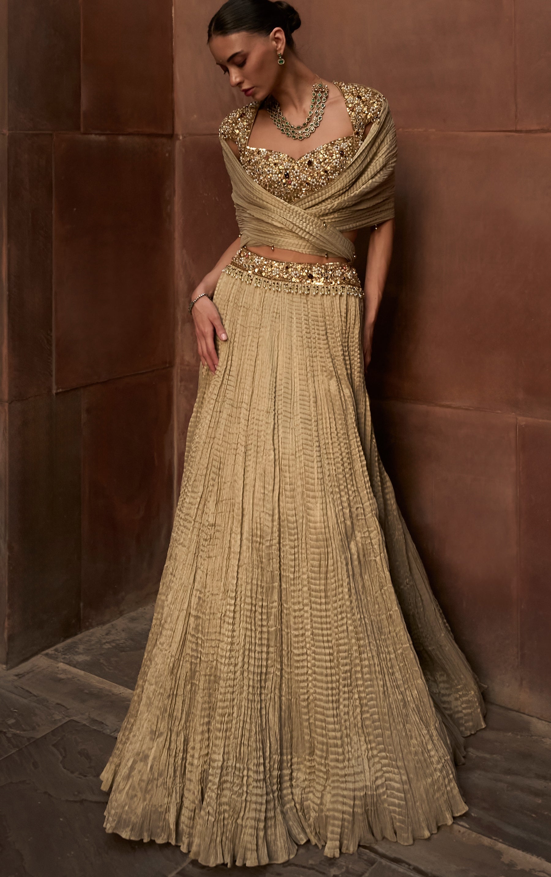 Golden Tissue Crush Lehenga Set By KYNAH, Luxury Indian Fashion & Bridal Wear