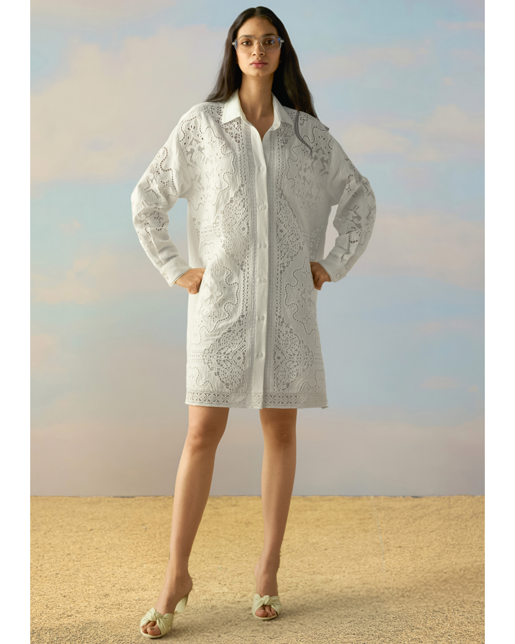 Linen Cutwork & Lace Embroidered Shirt Dress By KYNAH, Luxury Indian Fashion & Bridal Wear