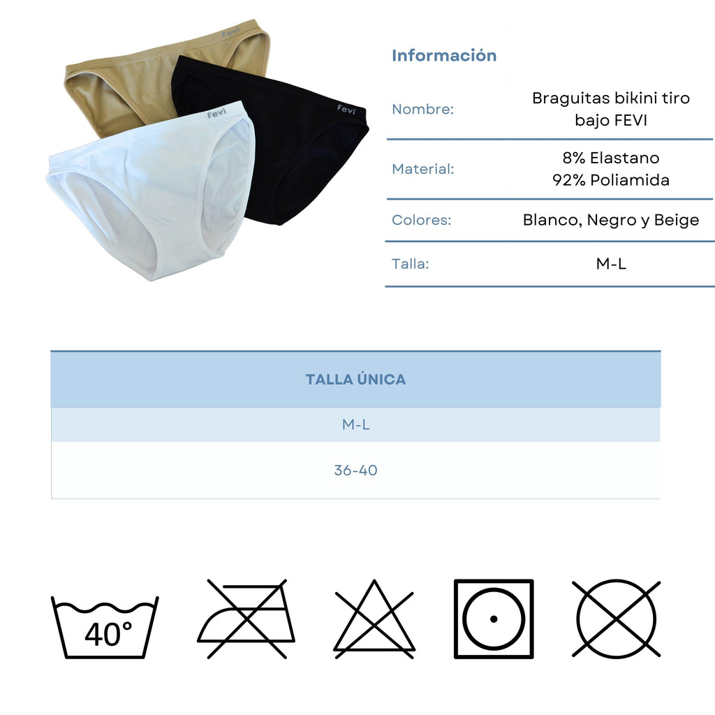FEVI | Pack de 12 Braguitas Tiro Bajo |  1 o 3 Colores Diferentes: Blanco, Negro y Beige | Talla Única: M-L