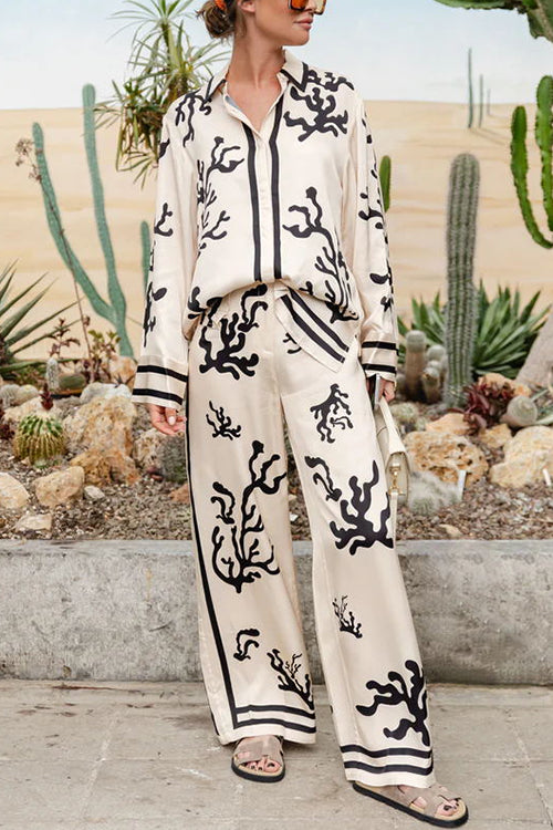 Coral Reef Print Long Sleeves Blouse Shirt Wide Leg Pants Satin Set