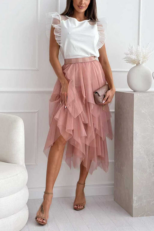 High Rise Mesh Layered Midi Skirt