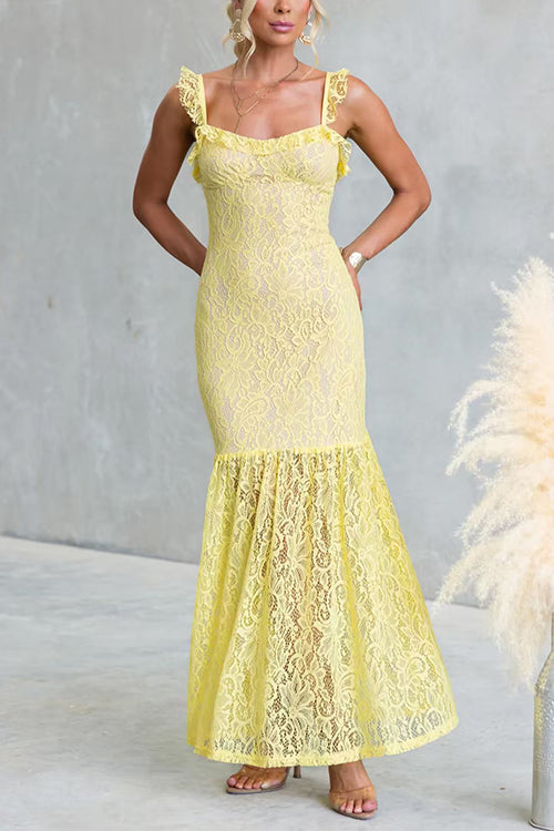 Sleeveless Lace Hollow Out Ruffle Trim Maxi Dress