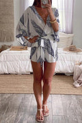 Wrap V Neck Tie Knot Leaf Print Batwing Romper