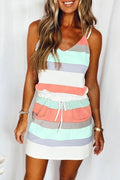 Tie Shoulder Striped Color Block Cami Dress with Pockets