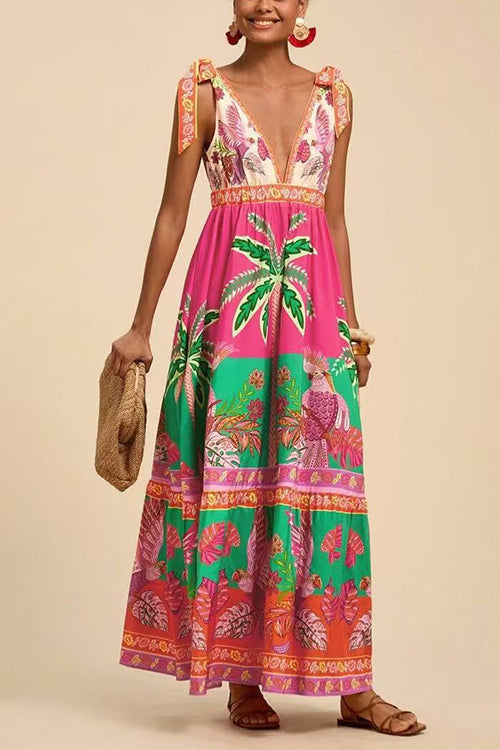 Bow Shoulder V Neck Sleeveless Printed Maxi Vacation Dress