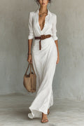 Lapel Long Sleeves Button Up Maxi Dress With Belt