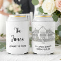 Funda isotérmica para lata de cerveza personalizada con fecha, apellido y texto para regalo de boda para pareja, familia o amigo